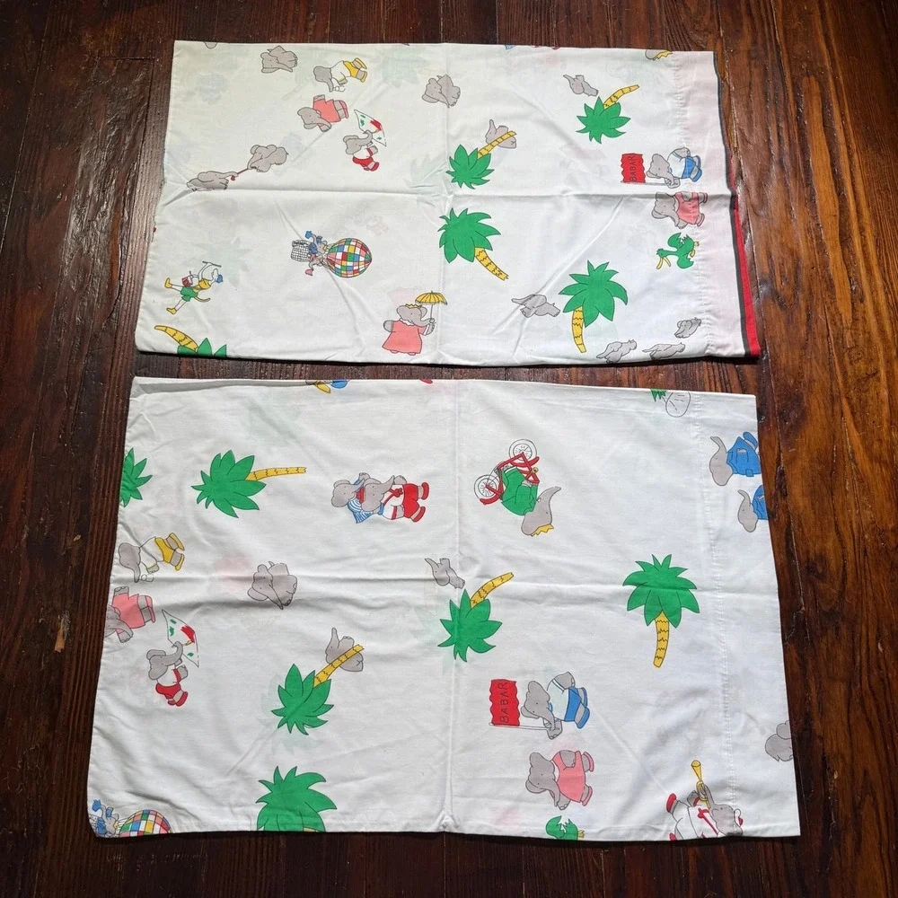 Vintage Babar the Elephant Pillowcase Set Kids Standard White Storybook Print
